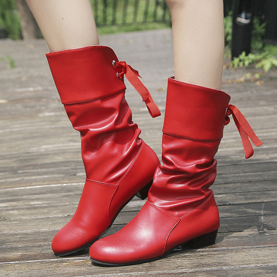 Damen  knielange Stiefel mit rückseitiger Schnürschleife, gerafftem Schaft und flachem Blockabsatz EB