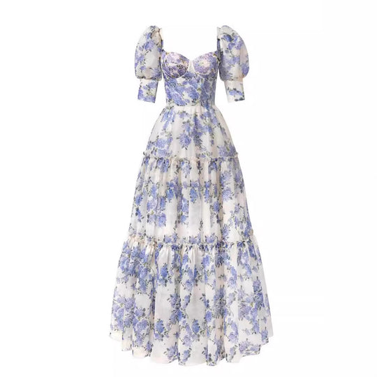 Damen Elegantes Maxikleid mit schulterfreien Rüschenärmeln und floralen Akzenten EB