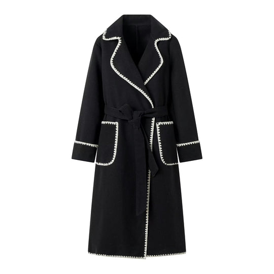Damen eleganter Longcoat mit Bindegürtel und kontrastierenden Paspeln EB
