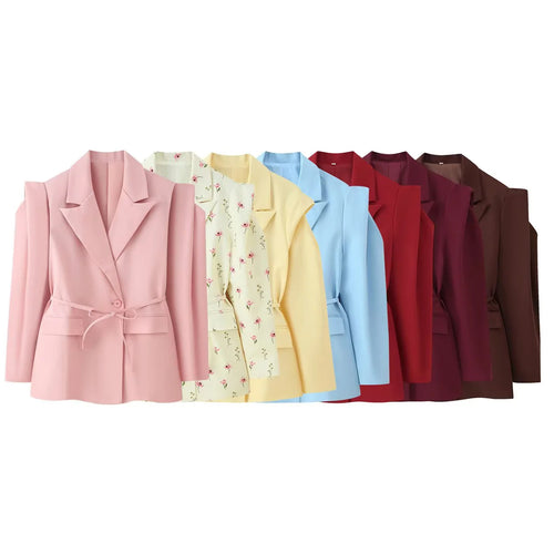 Damen elegante Oversized-Blazerjacke mit Gürtel und Schulterpolstern EB