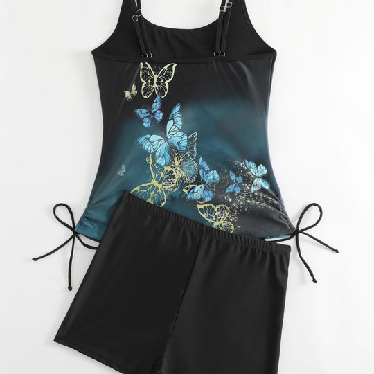 Damen Tankini mit Schmetterlingsmotiv und Badeshorts EB