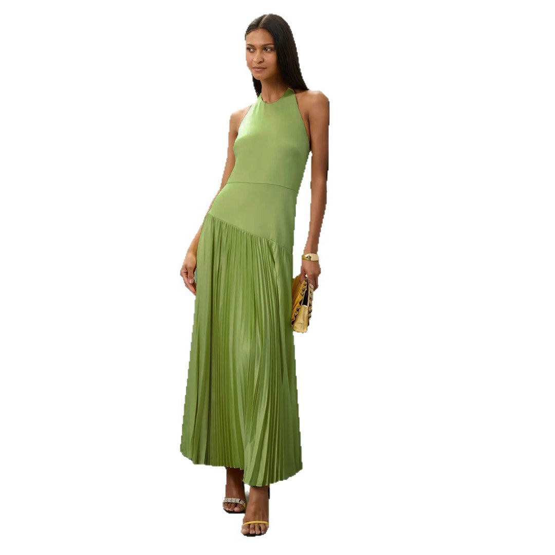 Damen Elegantes Maxi-Kleid mit fließendem Faltenrock und Halterneck-Design EB