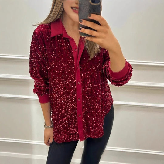 Damen Glitzernde Bluse aus Pailletten mit klassischem Kragen EB
