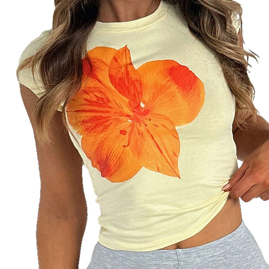 Damen Kurzarm-T-Shirt mit floralem Print und figurbetonter Passform EB