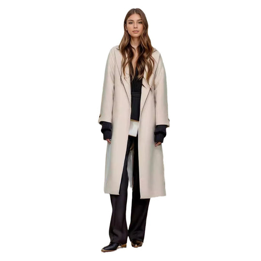 Damen eleganter Wollmantel mit Gürtel und weit geschnittenen Ärmeln EB