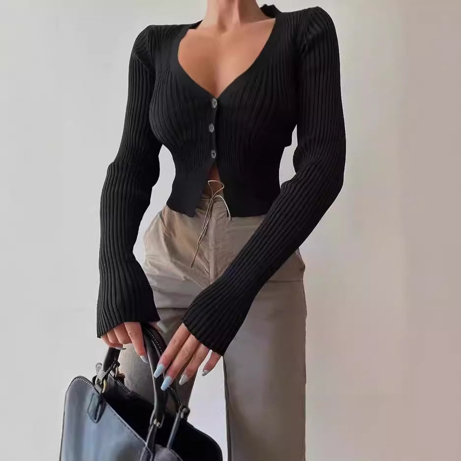 Damen Strick-Cardigan mit tiefem V-Ausschnitt und Knopfverschluss EB