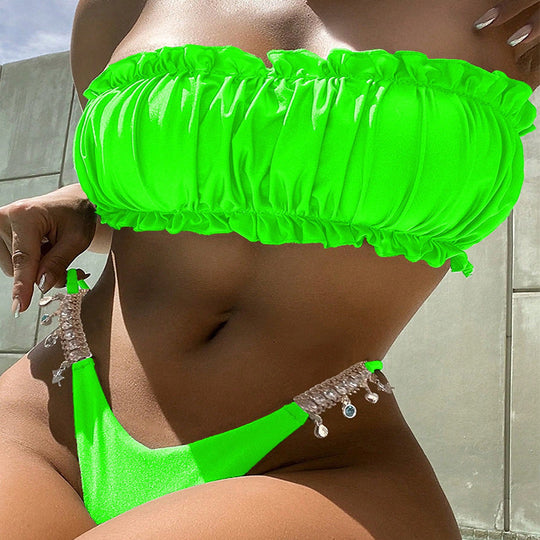 Damen Bandeau-Bikini mit dekorativem Rüschendesign und Schmuckdetails EB