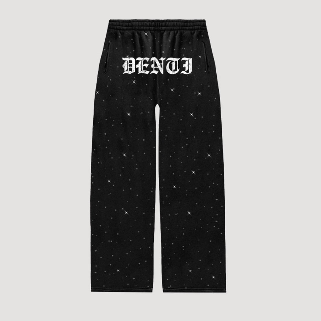Damen nan Loungehose mit Galaxie-Sternenprint, geradem Bein, elastischem Komfortbund und gotischem Schriftzug EB