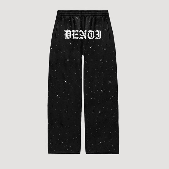 Damen nan Loungehose mit Galaxie-Sternenprint, geradem Bein, elastischem Komfortbund und gotischem Schriftzug EB