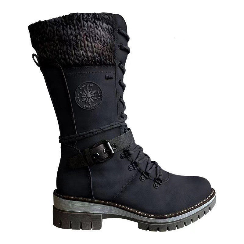 Damen nan gefütterte Schnürstiefel mit gestricktem Schaftbund, dekorativem Schnallenriemen und profilierter Gummisohle EB