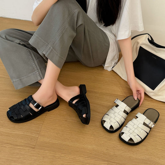 Damen Elegante Woven Sandalen im Metallic-Look mit verstellbarem Riemen EB