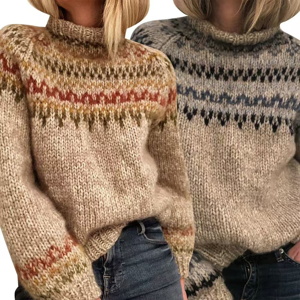 Damen nan kuscheliger Norweger-Strickpullover mit Stehkragen und Oversize-Passform EB