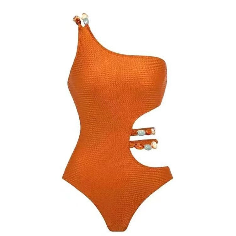Damen Einteiler Badeanzug mit asymmetrischem Schnitt und floralem Wickelrock EB
