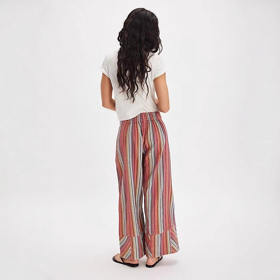 Damen weite gestreifte Sommerhose mit elastischem Bund und Taschen EB