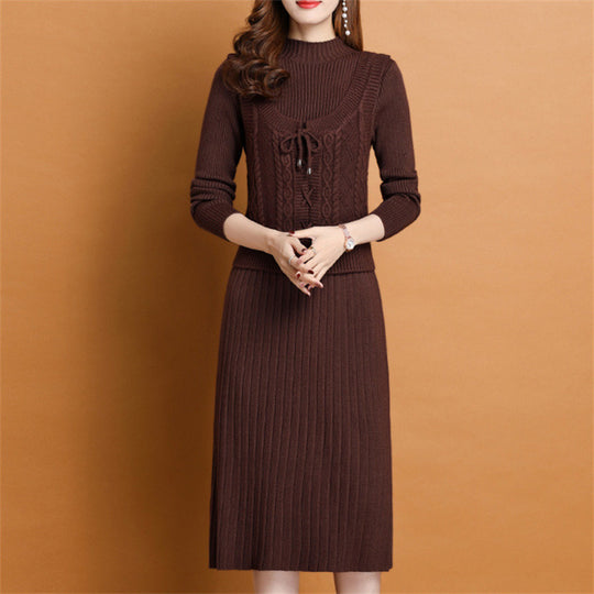Damen elegantes Strickkleid mit hochgeschlossenem Kragen und dekorativem Zopfdesign EB