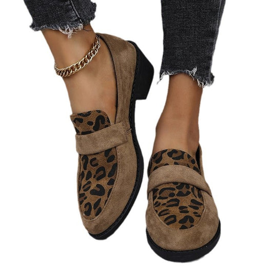 Damen Mokassin-Schuhe mit modischem Leopardenmuster und komfortablem Blockabsatz EB