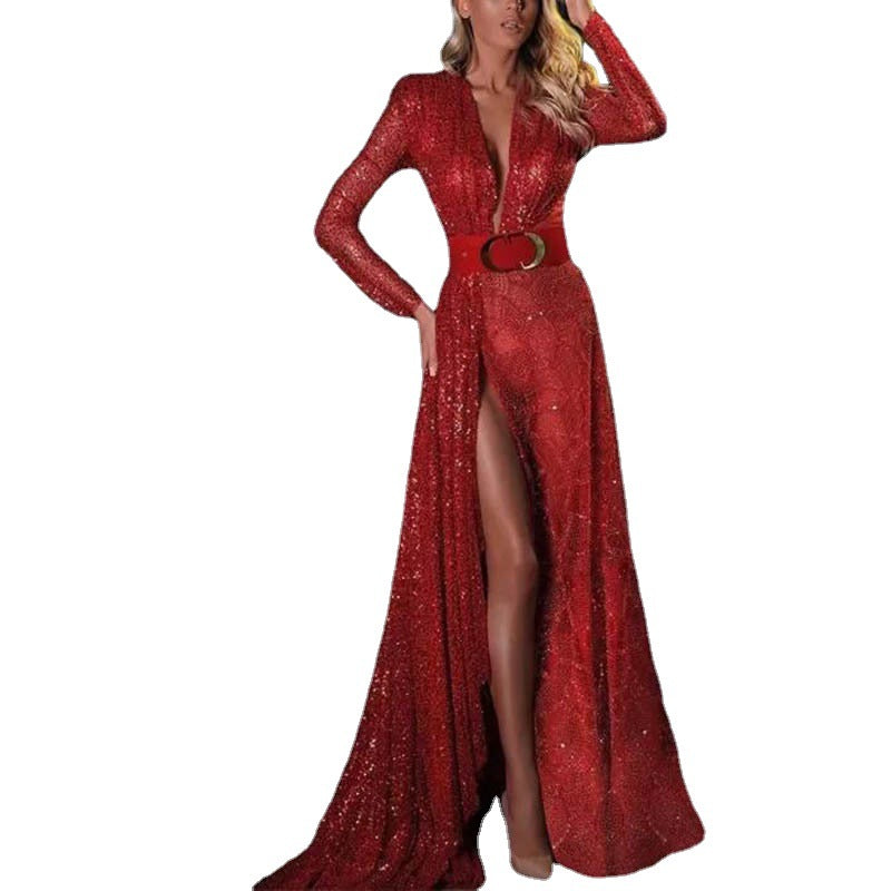 Damen Glitzerndes Abendkleid mit tiefem V-Ausschnitt und Eleganter Schleppe EB