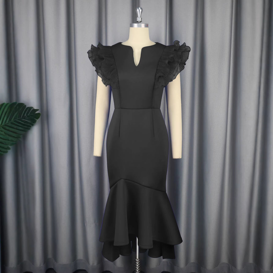 Damen figurbetontes Kleid mit voluminösen Rüschenärmel EB