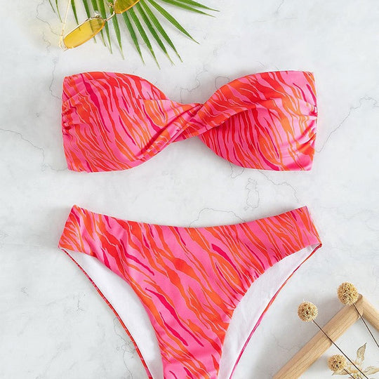 Damen Bandeau-Bikini mit elastischem Wickeldesign und hohem Beinausschnitt EB