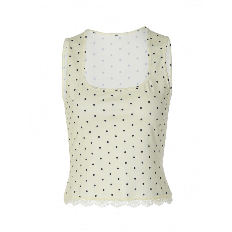 Damen Spaghetti-Trägertop mit verspieltem Punkte-Muster und zarten Spitzenakzenten EB