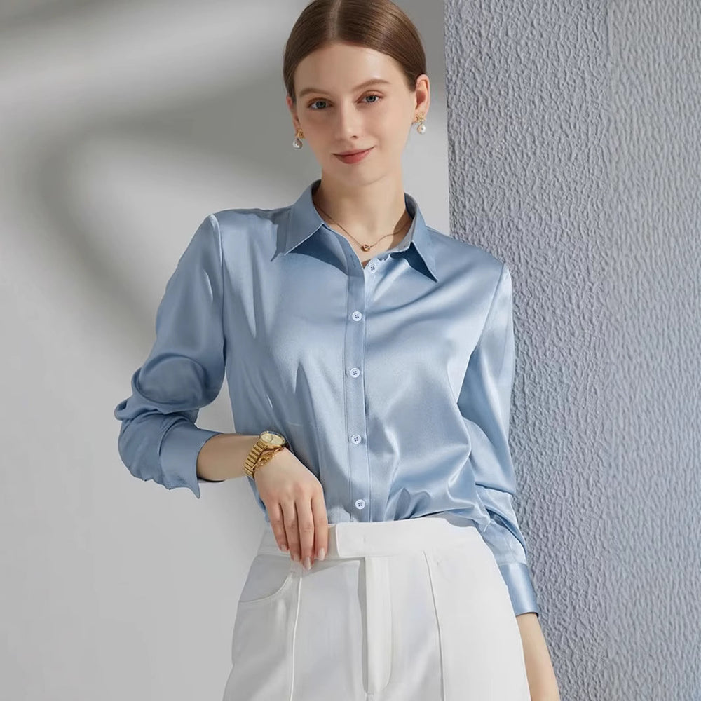 Damen Luxus Satin-Bluse mit elegantem Kragen und weichen Ärmeln EB