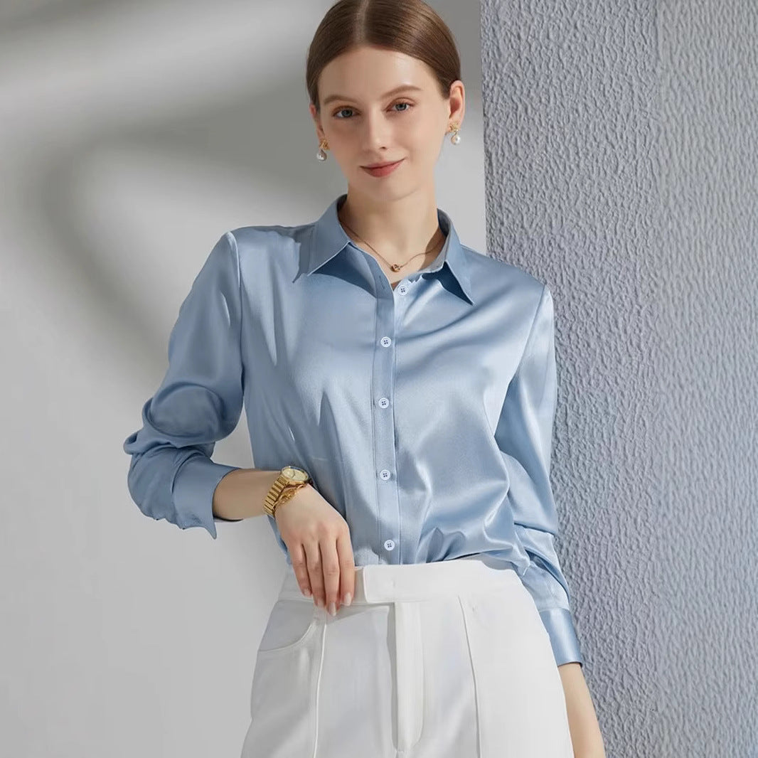 Damen Luxus Satin-Bluse mit elegantem Kragen und weichen Ärmeln EB