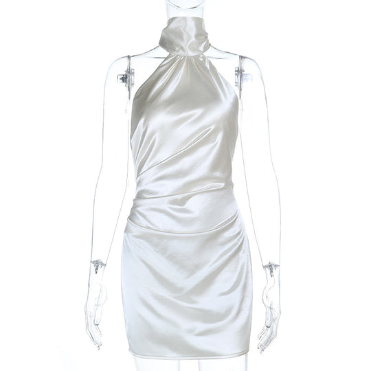 Damen kurzes Satin-Halterkleid mit raffiniertem Wickeldesign EB