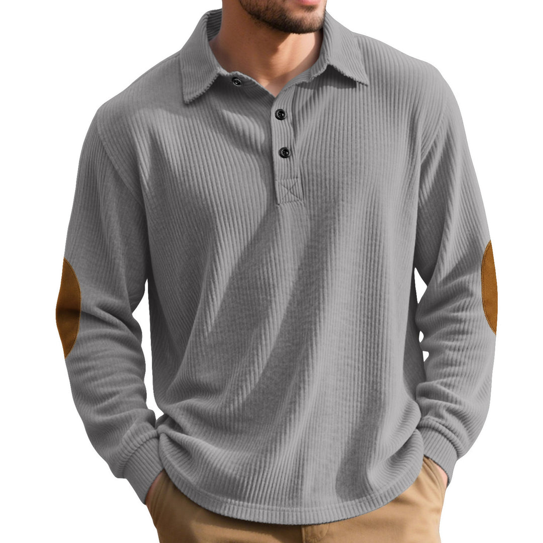 Herren nan gerippter Freizeit-Polo mit Kentkragen, kurzer Knopfleiste und Velours-Ellenbogenpatch EB