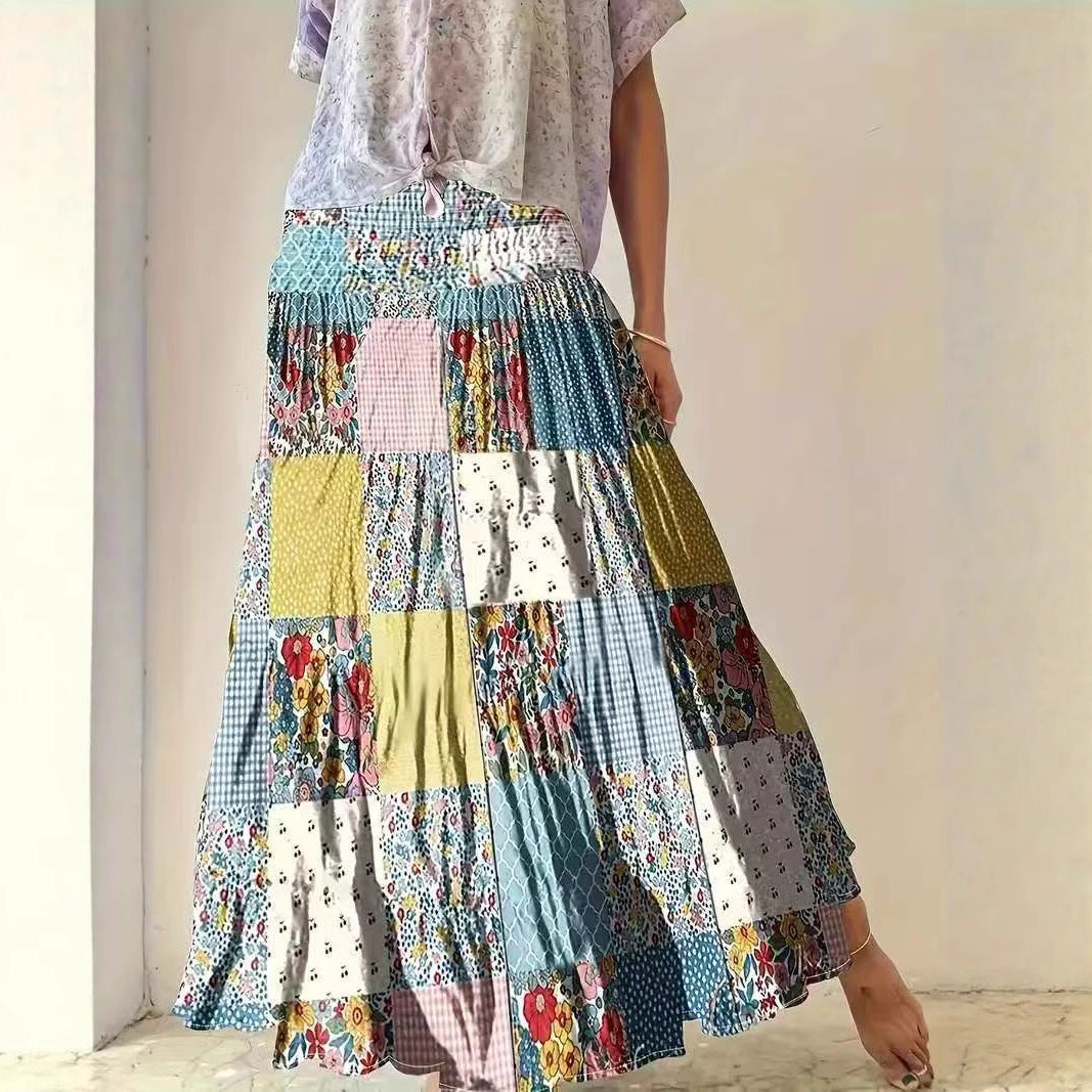 Damen Maxirock im Patchwork-Design mit elastischem Bund und fließendem Schnitt EB