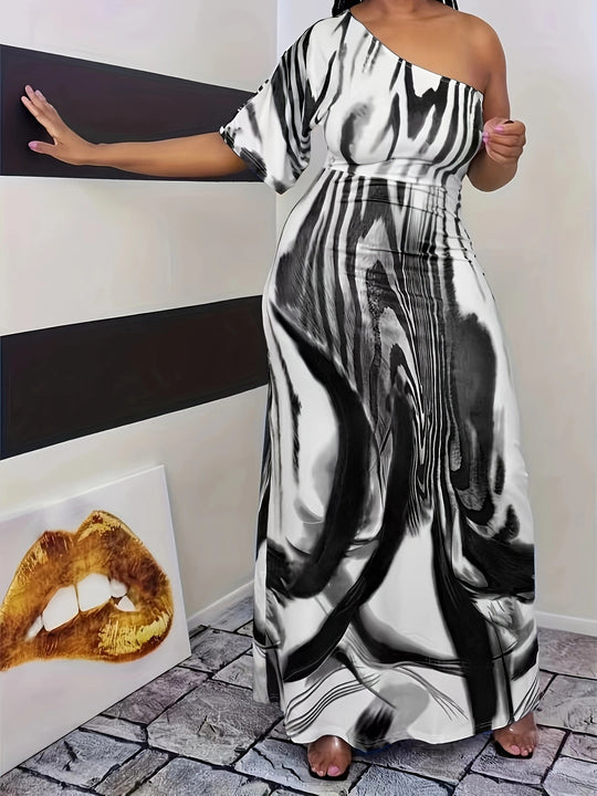 Damen Maxikleid mit asymmetrischem Ausschnitt und modernem Wellenmuster EB