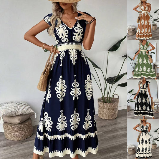 Damen Maxikleid mit V-Ausschnitt und einzigartigem floralem Design EB