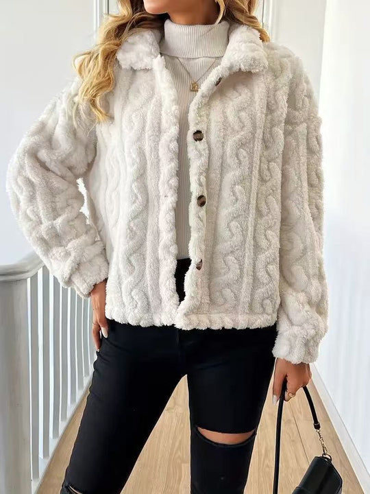 Damen Plüschjacke mit Knopfverschluss und gestreiftem Strukturdesign EB