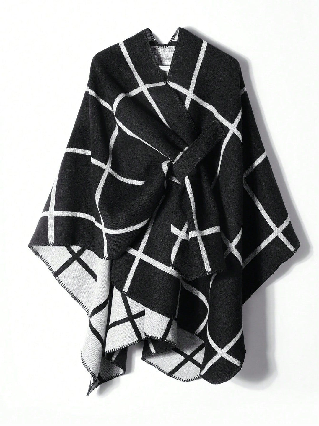 Damen Offener Wollmix-Poncho im Cape‑Stil mit dezentem Karomuster EB