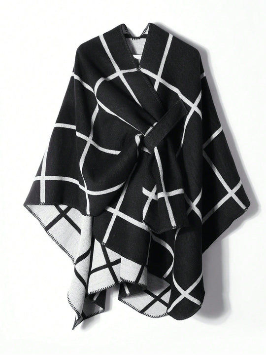 Damen Offener Wollmix-Poncho im Cape‑Stil mit dezentem Karomuster EB