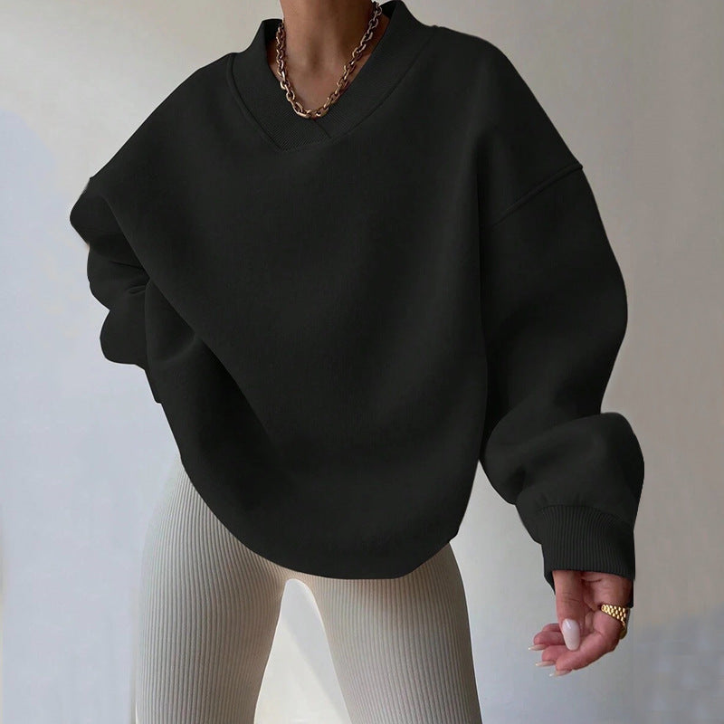 Damen Oversized V-Ausschnitt Sweatshirt mit verstärktem Rippkragen und extraweitem Cut EB