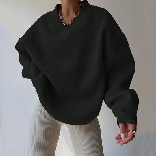 Damen Oversized V-Ausschnitt Sweatshirt mit verstärktem Rippkragen und extraweitem Cut EB