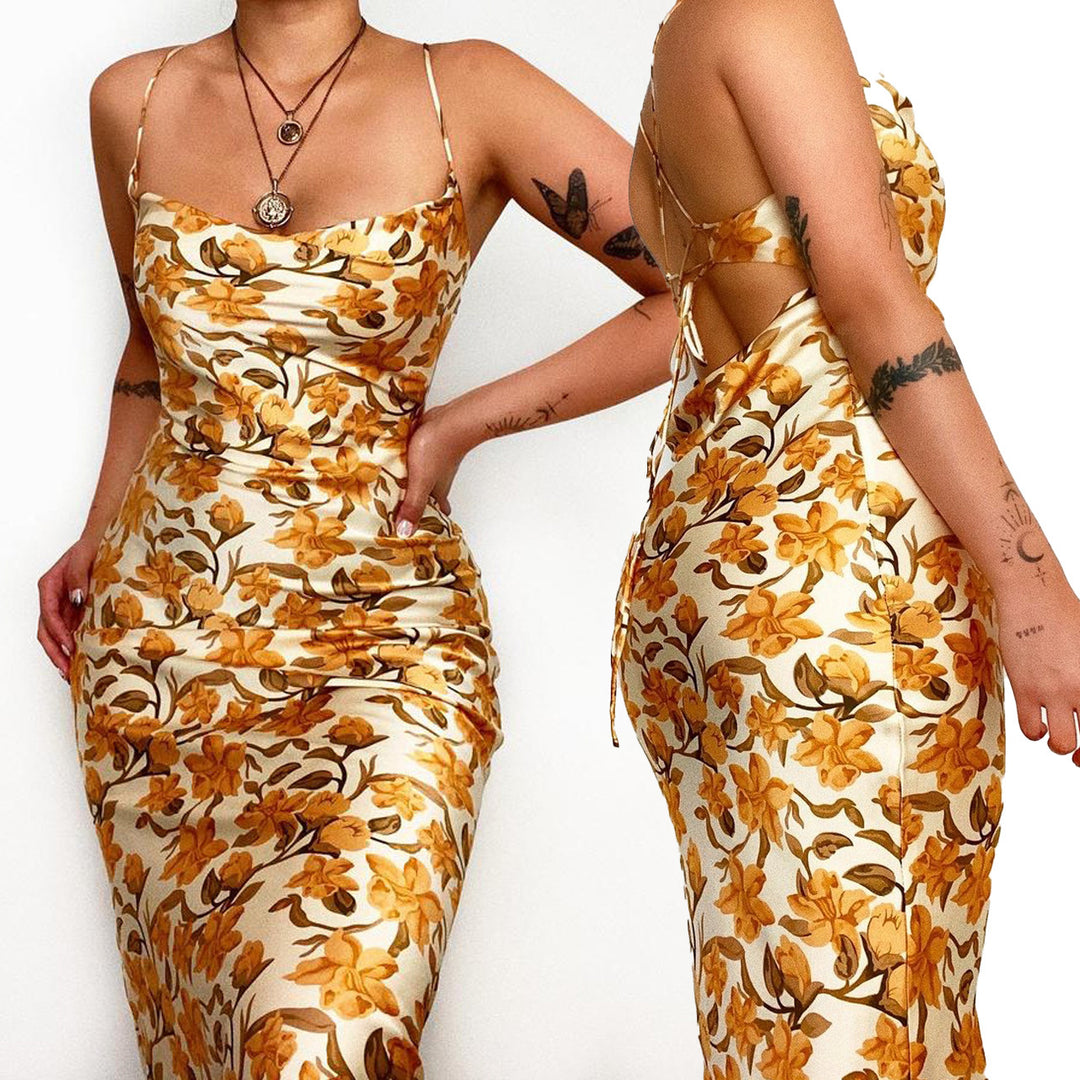 Damen Satin Maxikleid mit floraler Drapierung und Spaghettiträgern EB