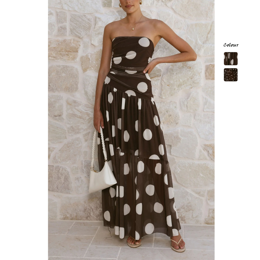 Damen Maxikleid mit schulterfreiem Schnitt und verspieltem Punktenmuster EB