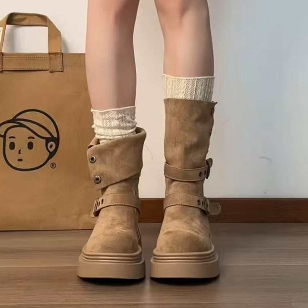 Damen Trendige Stiefel mit praktischem Schnallenverschluss und dicker Sohle EB