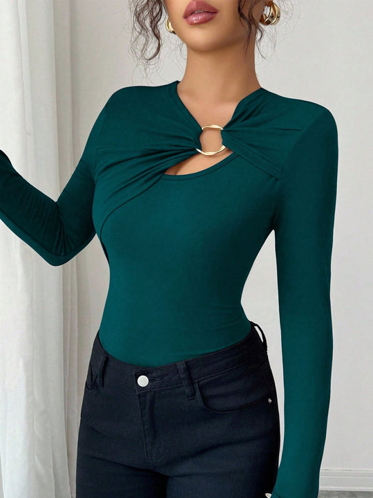 Damen nan figurbetonter Langarm-Body mit Leopardenprint und Zier-Ring EB