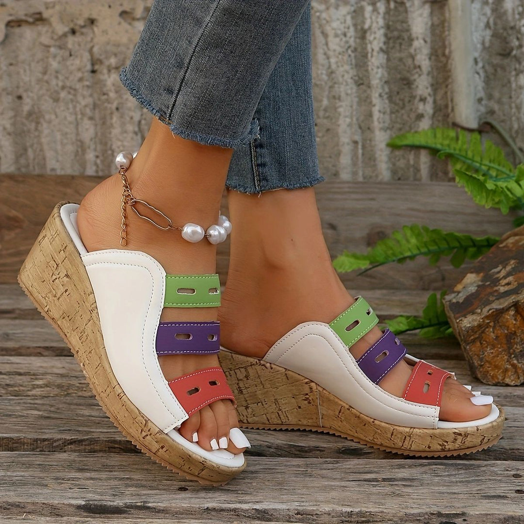 Damen modische Wedge-Pantoletten mit farbigen Trägern und komfortabler Sohle EB