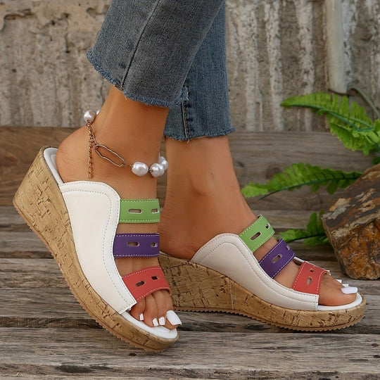 Damen modische Wedge-Pantoletten mit farbigen Trägern und komfortabler Sohle EB
