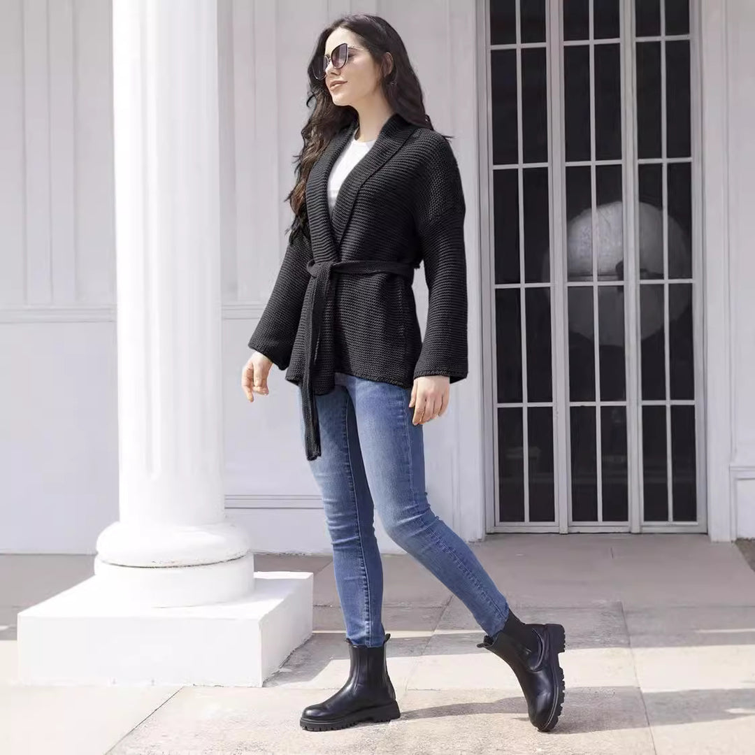 Damen Grobstrick-Cardigan mit Gürtel und weitem Schnitt EB