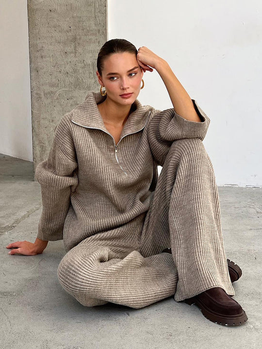 Damen Strick-Loungewear-Ensemble mit weitem Schnitt und hohem Kragen EB