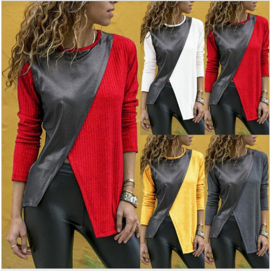 Damen Asymmetrisches Longsleeve mit Lederoptik‑Overlay und Rippstrick EB