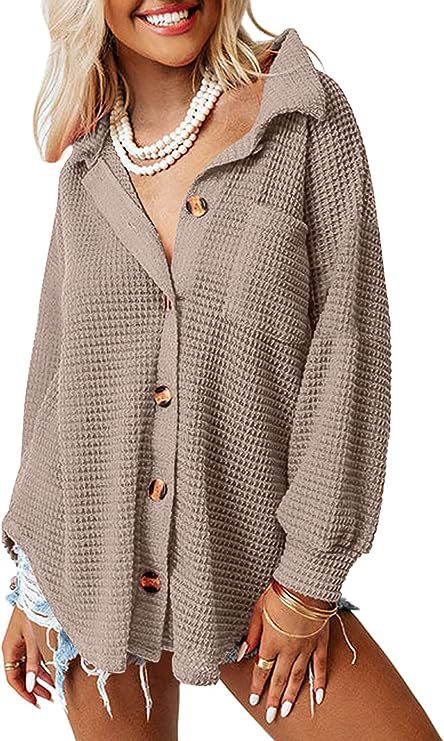 Damen lässige Waffle-Hemdenjacke mit Knopfverschluss EB