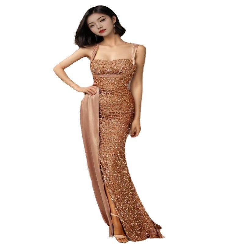 Damen Glamouröses Abendkleid mit schimmernden Pailletten und elegantem Schlitz EB