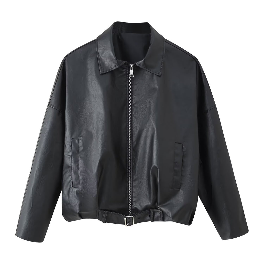 Damen modische Kunstlederjacke mit Taillengürtel EB