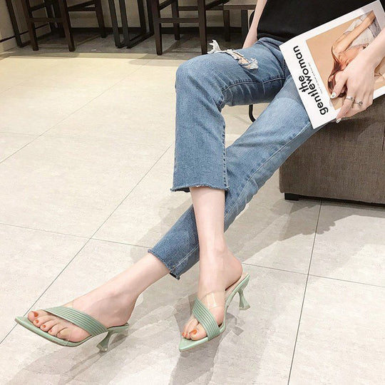 Damen elegante Flip-Flop-Sandalen mit transparenten Riemen und spitzem Zehenbereich EB