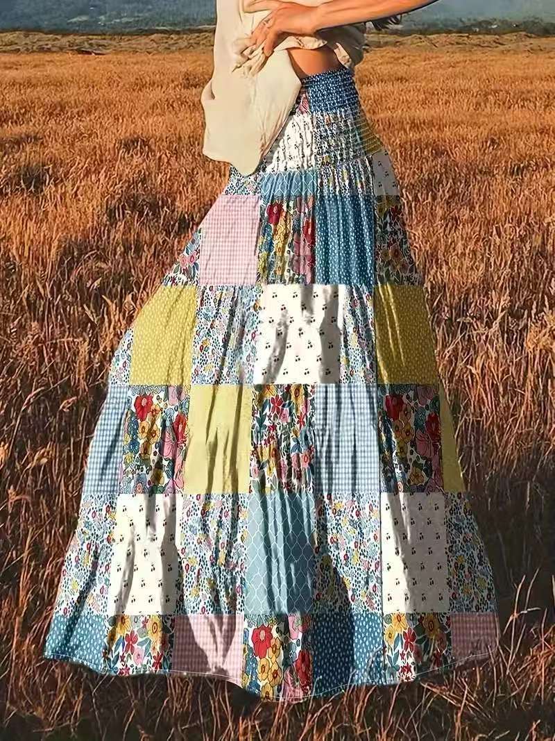 Damen Maxirock im Patchwork-Design mit elastischem Bund und fließendem Schnitt EB